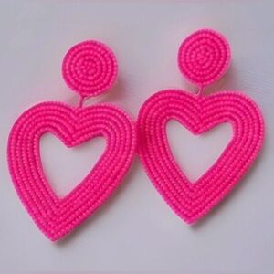 NEW Hot Pink Open Heart Beaded Statement Earrings | 3” Drop | Valentine’s Day